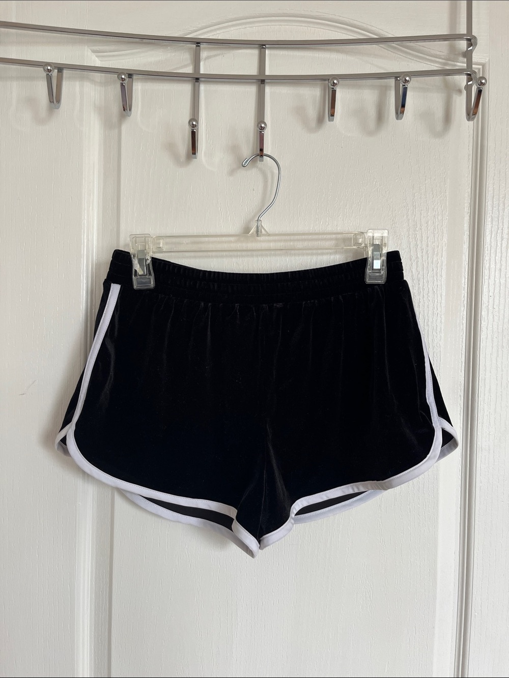 Womens Black Velour Lounge Shorts with White Trim Size Medium